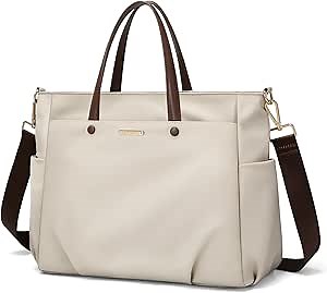 14 Inch Laptop Tote Bag for Women, Lightweight Nylon Work Shoulder Bag, Water-Resistant Computer Handbag with Pockets for Business Travel & Commute (Apricot)