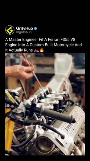 Grity Hub on Instagram: "Someone took a Ferrari F355 V8 engine and shoved it into a motorcycle. And it actually works. 🏍️🔥 Most people hear "V8 motorcycle" and think it's impossible. Too heavy. Too wide. Too much power. But master engineers don't care about impossible—they care about execution. This custom-built bike features a full Ferrari F355 V8 engine, the same powerplant that produced 375 horsepower in the mid-90s supercar. Now it's mounted sideways in a custom frame, connected to a modif