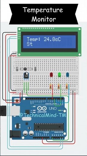 Smart Temperature Monitoring System using Arduino | TMP36 Sensor + I2C LCD + LEDs | Tinkercad