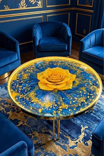 GIANT Rose Embedded in Epoxy Table — Blue & Gold Pour Reveal