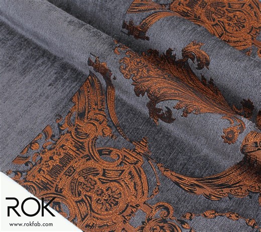 Gray and Copper Damask Chenille Jacquard Curtains, Border Design Drapery Panel, Custom Size, 6 Color Options, Elegant Living Room & Bedroom - Etsy