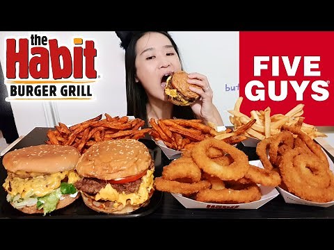 MASSIVE FIVE GUYS & THE HABIT Mukbang! Double Cheeseburger, Onion Rings & Fries - Crispy Asmr Eating