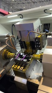 Double spindle CNC lathe adopts the structure design of double moving spindles and double independent tool holders, which can process both ends of the workpiece at the same time, featuring high positioning accuracy, high productivity, etc. #double #spindle #lathe #cnc #machine #cncmachining #factory #high #positioning #accuracy #productivity | SYNE Machines