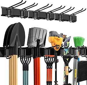 TIDYME Garage Wall Organizer | 48" Heavy-Duty Tool Storage Rack | Adjustable Double-Layer Hooks | 300 lbs Capacity | Carbon Steel Wall Mount Holder for Shovels, Rakes, Ladders & Power Tools