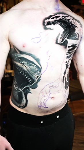 Godzilla vs Sharktopus part 1 .... I got money on Godzilla 🖤 - #tattooartist #godzilla #blackandgreytattoo #bigtattoo #pain