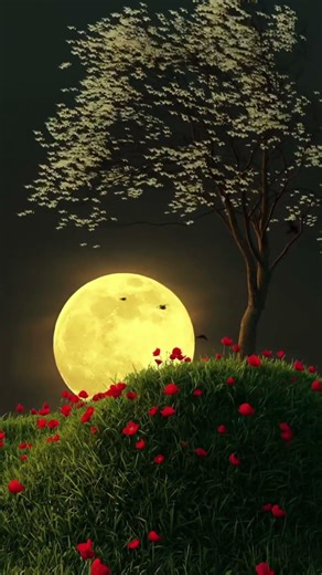 Beautiful Full Moon Night Aesthetic /Nature Relaxation/Full Moon Over a Blossoming Tree/🌕 Calming/
