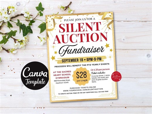 Editable Silent Auction Flyer Template: School Fundraiser (CANVA) Black Tie Gala - Etsy