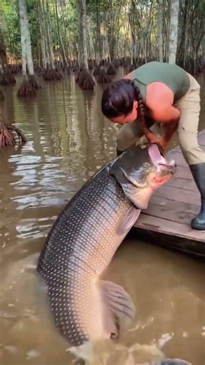 strong girl catch a big fish in Amazon forest 🌴🐟