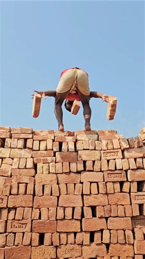 Ultra expert workers cutch three bricks from below.