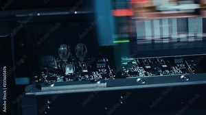 Factory Machinery at Work: Printed Circuit Board Being Assembled with Automated Robotic Arm, Pick and Place Technology Mounts Microchips to the Motherboard. Macro Close-up Footage.