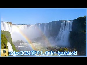 滝の音。涼しい迫力ある滝と美しい虹、リラックスする自然の音。The sound of a waterfall. Cool waterfall. Beautiful rainbow. Relax.