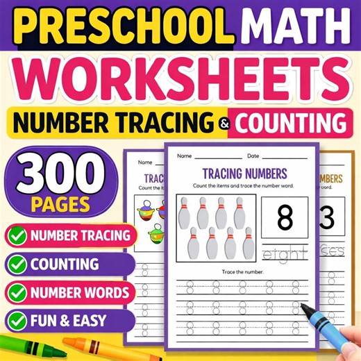 300 Pages Preschool Math Worksheets | Number Tracing, Counting (digital Download) - Etsy