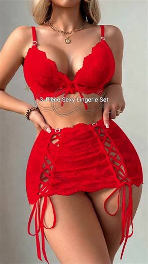 3-Piece Women's Soft Supportive Lingerie Set, Adjustable Lace Bra, Drawstring Mini Skirt & G-String with Romantic Bow & Heart Details, Sexy Bridal Sleepwear and Club Party, Valentine's Lingerie Gift for Her