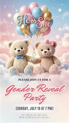 Free Teddy Bear Dreamy Baby Gender Reveal Invitation Video Template - FlexClip