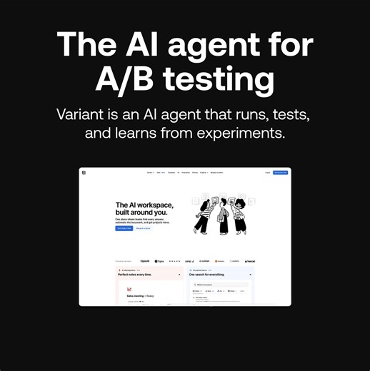 Variant is your A/B testing agent that tests, learns, and ships — on its own  Finds high-impact A/B test ideas ⚙️ Builds and ships new variants  Measures results, learns what works | Variant AI | Facebook