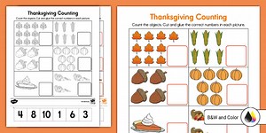 Thanksgiving Counting to 10 Cut and Paste Worksheet for PreK-K