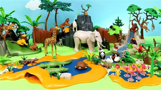 丛林森林建筑风景设置与Playmobil动物