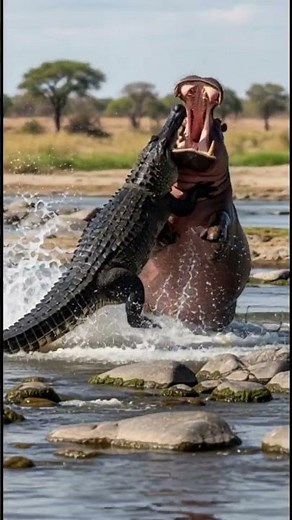 🦛 Hippo Crushes Crocodile in Explosive River Rage! 😱 #Shorts