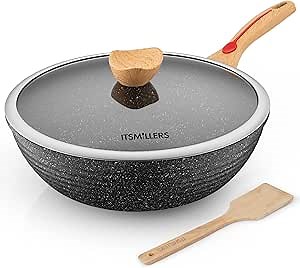 ITSMILLERS Nonstick Wok Aluminium Die-casting Chinese Wok, Scratch Resistant With Lid and Spatula, PFOA-Free, Dishwasher Safe & Induction Bottom,12 Inch,6L,Large Capacity