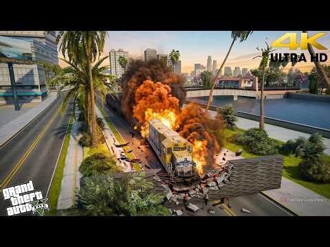 Long Train smashing through Vice City - Grand Theft Auto V Vice City