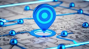 A blue map pin on a map with blue lines and silver spheres.