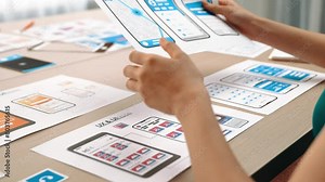 Startup company employee planning for user interface prototype for mobile application or website in office with model of program on desk. UX UI designer consider user friendly interface plan. Synergic