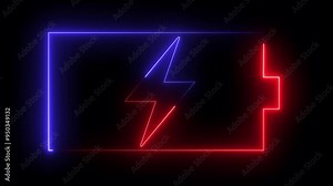 Lightning blinking bolt symbol Neon glowing battery charging icon. Neon battery icon red and blue color Battery Status Sign with black background. Battery charge level, power energy, electricity icon