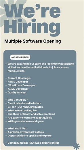 🔥We’re Hiring at Muteweb Technologies | Indore Jobs | HTML, WordPress, AI/ML & QA Roles#shorts#job