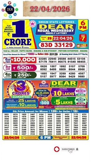 6PM Dear Lottery Result Today 💯 | 22April 2026 🔴 Check Fast ⚡#SikkimLottery #6PMResult