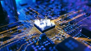 Dark Theme Visualization of Circuit Board CPU Processor Starting Digitalization Process and Information Computing, Processing Bits of Data. Computer Graphics, Special Visual Effects, Animation