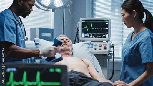 Medical Emergency: Doctors Perform Defibrillation on Patient in Hospital ICU