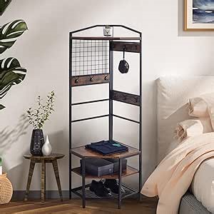 Corner Coat Rack with Storage, Standing Coat Rack Tree，Entryway Bench with Coat Rack and Shoe Storage，Entry Way Coat and Shoe Rack，Coat Rack freestanding，9 metal hooks