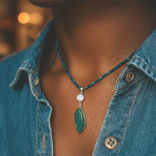 Azurite Malachite and Blue Topaz Pendant Necklace, 18 Inch Sterling Silver Beaded Jewelry, Elegant Gift for Her, Layering Boho Jewelry - Etsy