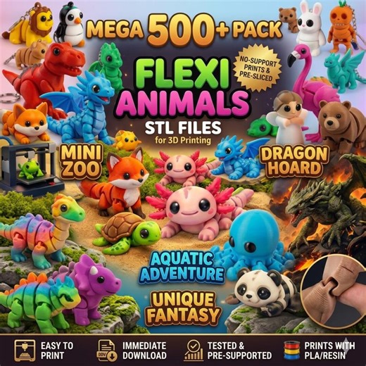 5000  Flexi Mini Animals 3D Print Bundle | Articulated STL 3MF Files | Print-in-place No Supports | Fidget Toy Instant Download Mega Pack - Etsy
