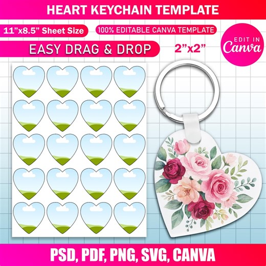 2" Heart Keychain Template, Blank Keychain Template Svg, Keychain Sublimation & Cricut Design, Custom Heart Keychain Canva Editable Template - Etsy
