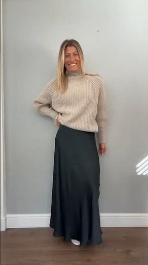Casual to Chic: Midi Skirt with Chunky Knit Sweater and Sneakers 🏙️#fashiontrends #outfitideas #ootd