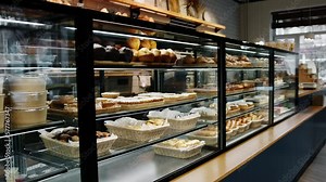 Counter full of delicious buns and pastries in a shop bakery