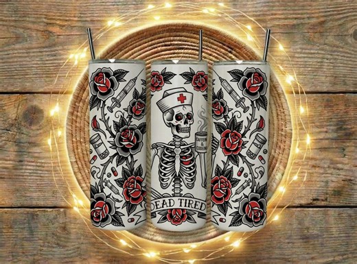 Skeleton Nurse Tumbler Wrap 20oz Tattoo Style Coffee Skull Syringe Rose Edgy - Etsy