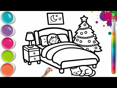 Bed Room Christmas and Cat Drawing🎄🛌 Draw and Paint Easy by Step Tutorial