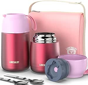 Amazon.com: LUNCHALOT Insulated Food Jar for Hot Food in a Bag - 15 & 21 Oz Soup Lunch Box Container for Adults Vacuum Stainless Steel Jar & Foldable Spoons - Pink Wide Mouth Flask for Work Travel : Home & Kitchen