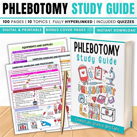 Phlebotomy Study Guide PDF | Blood Draw & Nursing Study Aid | Lab Technician Training | 100 Pages | Quizzes Included | Medical Printable - Etsy