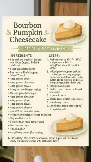 This one’s for the fall lovers and cheesecake dreamers—it’s like a cozy sweater in dessert form. 🍂💛 Let’s make Bourbon Pumpkin Cheesecake: 1️⃣ Start with the crust: pulse graham crackers, pecans, sugar, and warm spices. Stir in melted butter, press into a springform pan, and bake until golden and fragrant. 2️⃣ While it cools, dry your pumpkin purée between layers of paper towels (trust us—this keeps the texture velvety). 3️⃣ Beat cream cheese with spiced sugar, then blend in your pumpkin, eggs