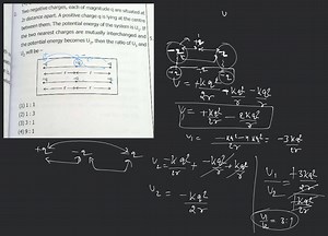 Two negative charges, each of magnitude q are situated at 2 r d... | Filo