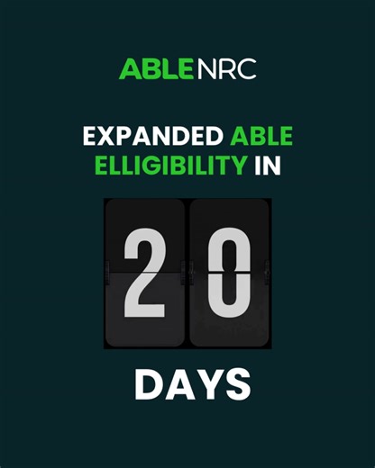 The countdown continues! Just 29 days until the ABLE Age Adjustment Act takes effect and millions more people with disabilities become eligible to open a tax-advantaged ABLE account. Learn more at https://www.ablenrc.org/the-able-age-adjustment-act-fact-sheet/. Video description: Dark graphic with neon green and white text reading: Expanded ABLE eligibility in 29 days. The number 29 is displayed as a flip clock, with the numbers flipping down to 29. The ABLE NRC logo is centered at the top of th
