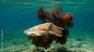 Magnificent cuttlefish underwater displays a cloud of protective ink secretion