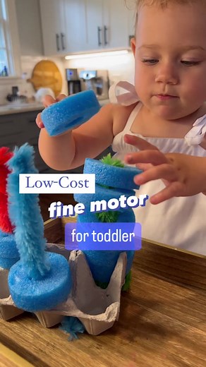 Pool Noodle Slide 🌈 This child is 21 months old. Recommended age would be 18 months and up! ⭐️Materials Jumbo fuzzy sticks (Target) or straws Egg carton Cut up foam pool noodle Tray (optional) ✨These are very similar to pipe cleaners. Pipe cleaners may work too, I haven’t tried them yet! Place the fuzzy sticks through a small hole created by scissors in the egg carton (bending at the bottom). Encourage fine motor work by sliding the pool noodles onto the fuzzy sticks. Identify colors before or 