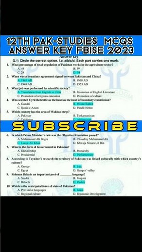 12th Pak-Study MCQs Answer Key Federal Board FBISE 2023|HSSC-2 Objective paper 2023