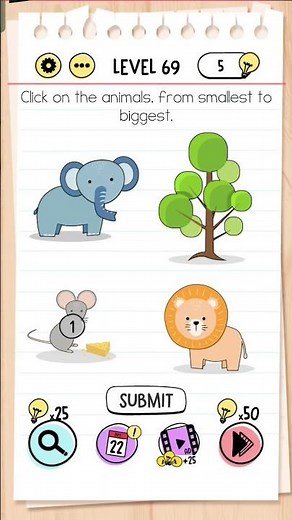 Brain Test level 69 Click on the animals from smallest to biggest solution don't think much