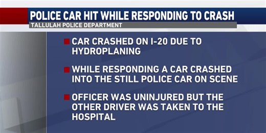 Hydroplaning crash on I-20 leads to patrol car being hit; officer unhurt