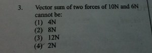 3. Vector sum of two forces of 10 N and 6 N cannot be:(1) 4 N... | Filo